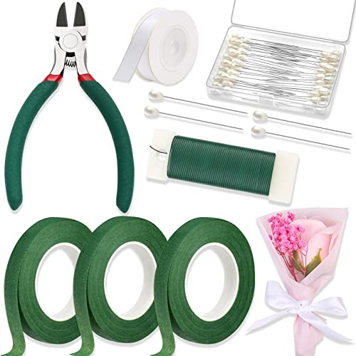 PAXCOO Floral Tape and Wire, Florist Tape and Flower Wire Arrangement Kit with White Ribbon, Boutonniere Pin, Wire Cutter for Bouquets, Crafts, Wreath Making (Dark Green) - Image 1
