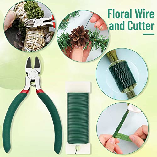 PAXCOO Floral Tape and Wire, Florist Tape and Flower Wire Arrangement Kit with White Ribbon, Boutonniere Pin, Wire Cutter for Bouquets, Crafts, Wreath Making (Dark Green) - Image 3