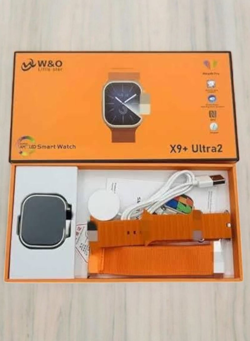 W&O X9 Plus Ultra 2 Smart Watch with 49mm Large AMOLED Display, Bluetooth, GPT Chat, Games, Compass Recording, NFC, Google Maps, GPT Chat, Wireless Charger - Gold with Orange Strap