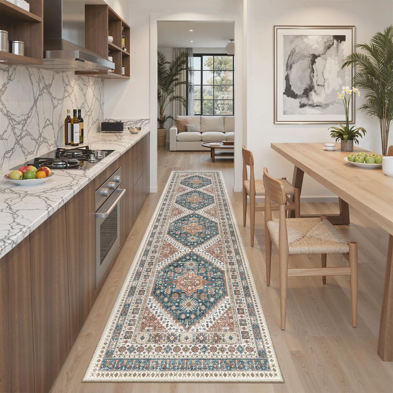 Madane Runner Rug 2x8, Washable Hallway Runner Rugs, Non-Slip Low-Pile Soft Kitchen Rug Runner Laundry Room Rug, Vintage Throw Entry Foyer Mat for Entrance Living Room (Navy Blue, 2 x 8) - Image 1