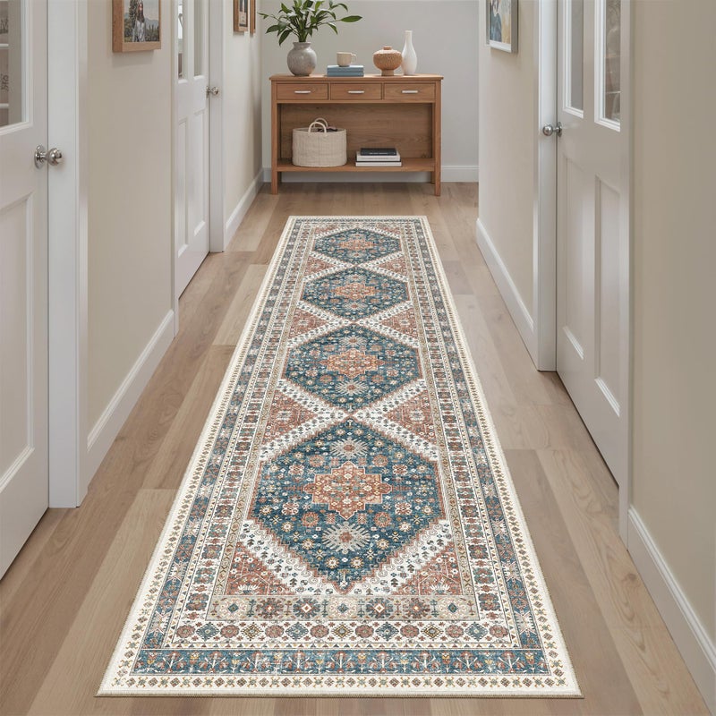 Madane Runner Rug 2x8, Washable Hallway Runner Rugs, Non-Slip Low-Pile Soft Kitchen Rug Runner Laundry Room Rug, Vintage Throw Entry Foyer Mat for Entrance Living Room (Navy Blue, 2 x 8) - Image 3