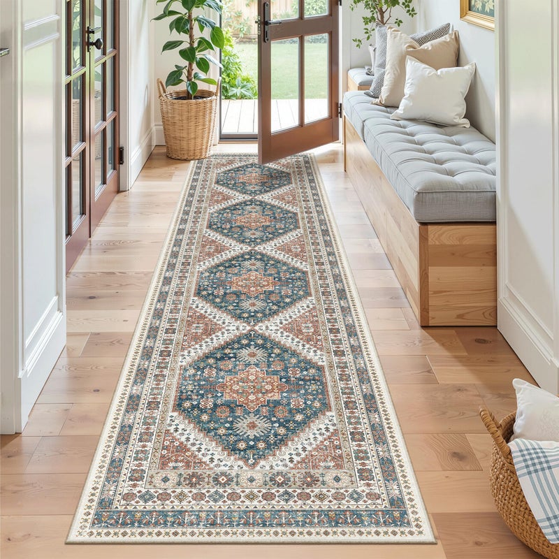 Madane Runner Rug 2x8, Washable Hallway Runner Rugs, Non-Slip Low-Pile Soft Kitchen Rug Runner Laundry Room Rug, Vintage Throw Entry Foyer Mat for Entrance Living Room (Navy Blue, 2 x 8) - Image 2