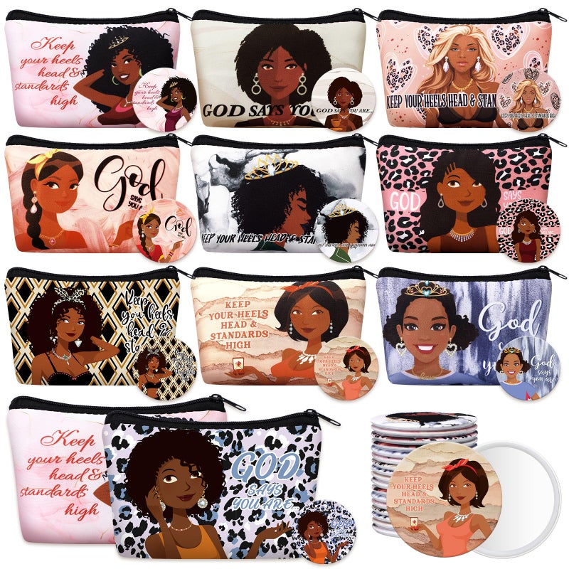 Kacctyen 20 Pcs Black Africa Inspirational Gifts Canvas Cosmetic Bags Compact Mirrors Makeup Bags Thank You Travel Toiletry Pouch Bulk Mothers Day Gifts for Women Teacher Coworker Employee - Image 2