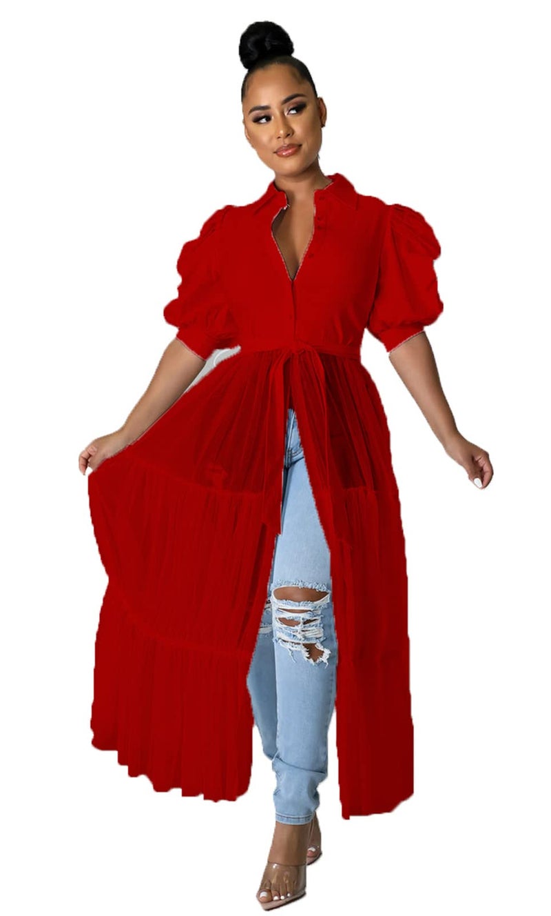 Ekaliy Womenâ€™s Plus Size Casual Tunic Tops Blouses Mesh See Through Shirts Dresses with Belt Club Party Outfit XXL Red - Image 1