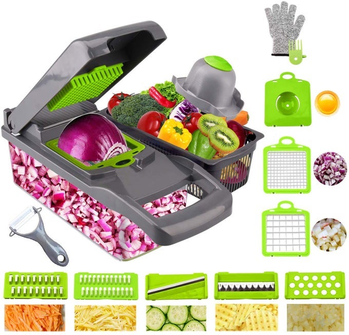 RAM MANDOLINE 13 IN 1 VEGETABLE SLICER FOOD CUTTER AND SHREDDER FOOD DICER INTERCHANGEABLE BLADES GRATER CHOPPER FOOD CONTAINER ALL IN ONE SLICER