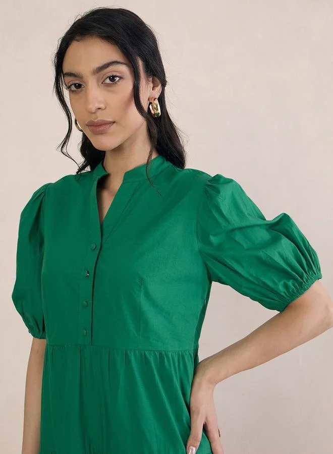 Femmella Femmella Puff Sleeve Tiered Midi Dress with Button Detail