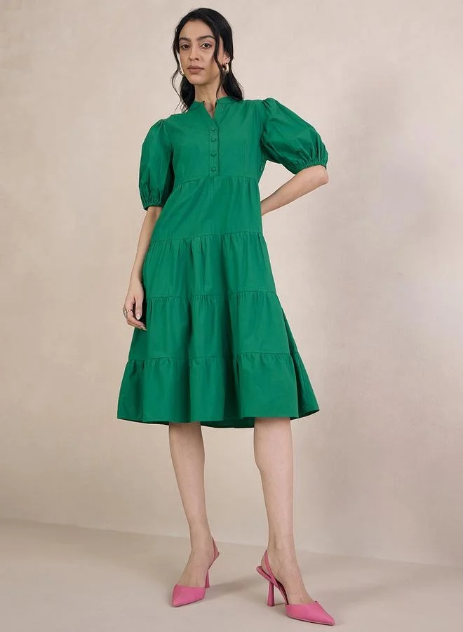Femmella Femmella Puff Sleeve Tiered Midi Dress with Button Detail
