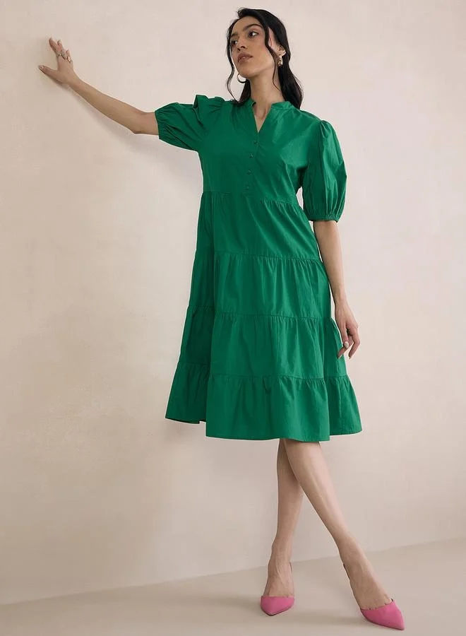 Femmella Femmella Puff Sleeve Tiered Midi Dress with Button Detail