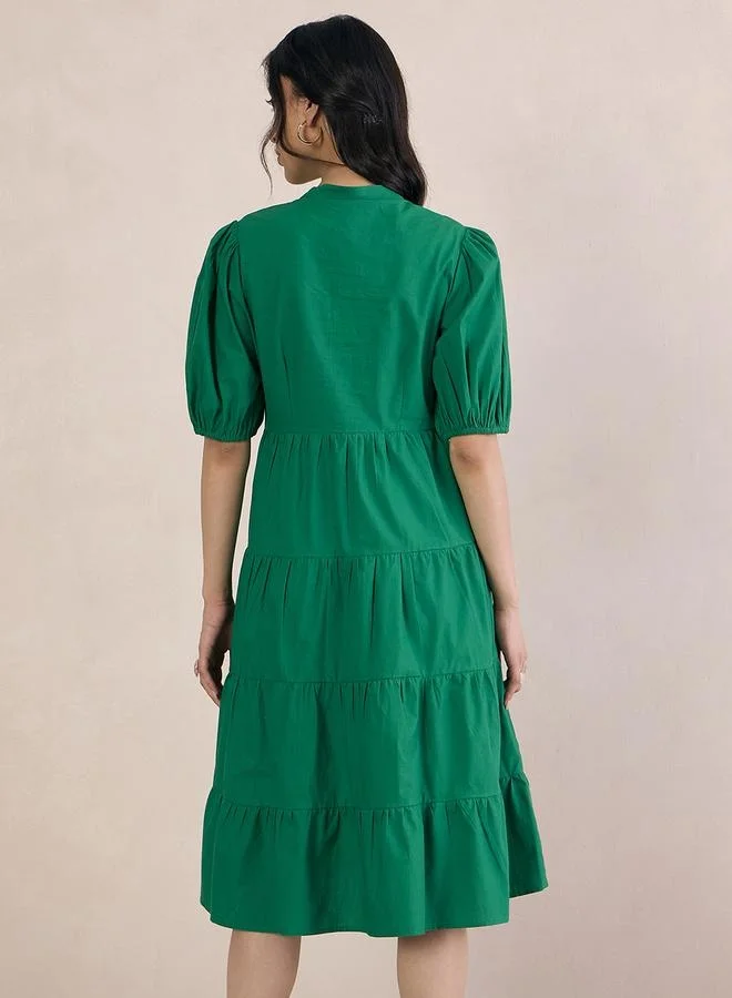 Femmella Femmella Puff Sleeve Tiered Midi Dress with Button Detail