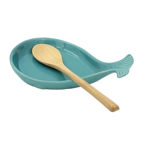WSKC Ceramic Spoon Rest for Kitchen with Wooden Spoon, Whale Shape, 4.8W X 7.8L - Image 1