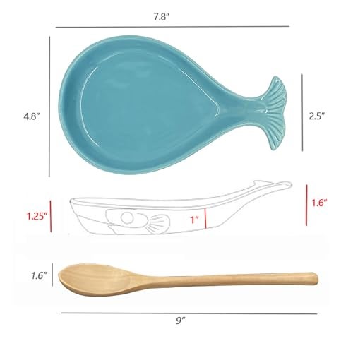 WSKC Ceramic Spoon Rest for Kitchen with Wooden Spoon, Whale Shape, 4.8W X 7.8L - Image 3