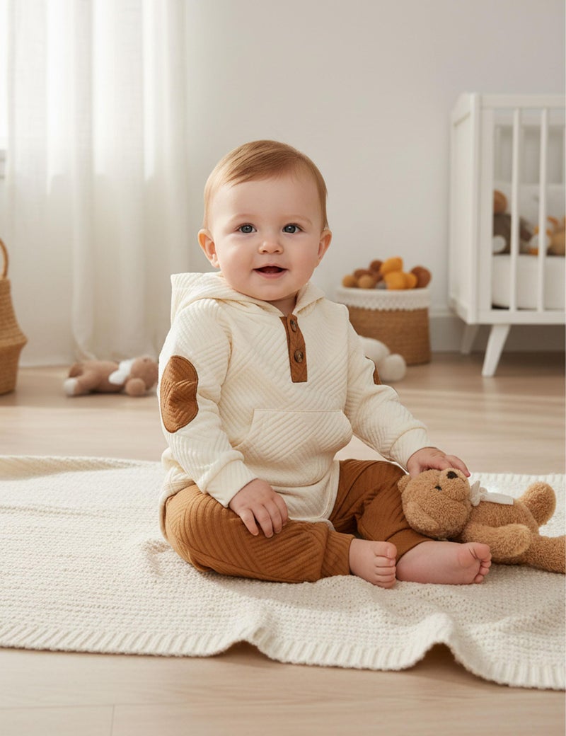Fommy Baby Boy Clothes 0-3 Month Boy Outfits White Colorblocked Long Sleeve Hoodie + Brown Long Pants 2PCS Fall Winter Outfits Set - Image 3