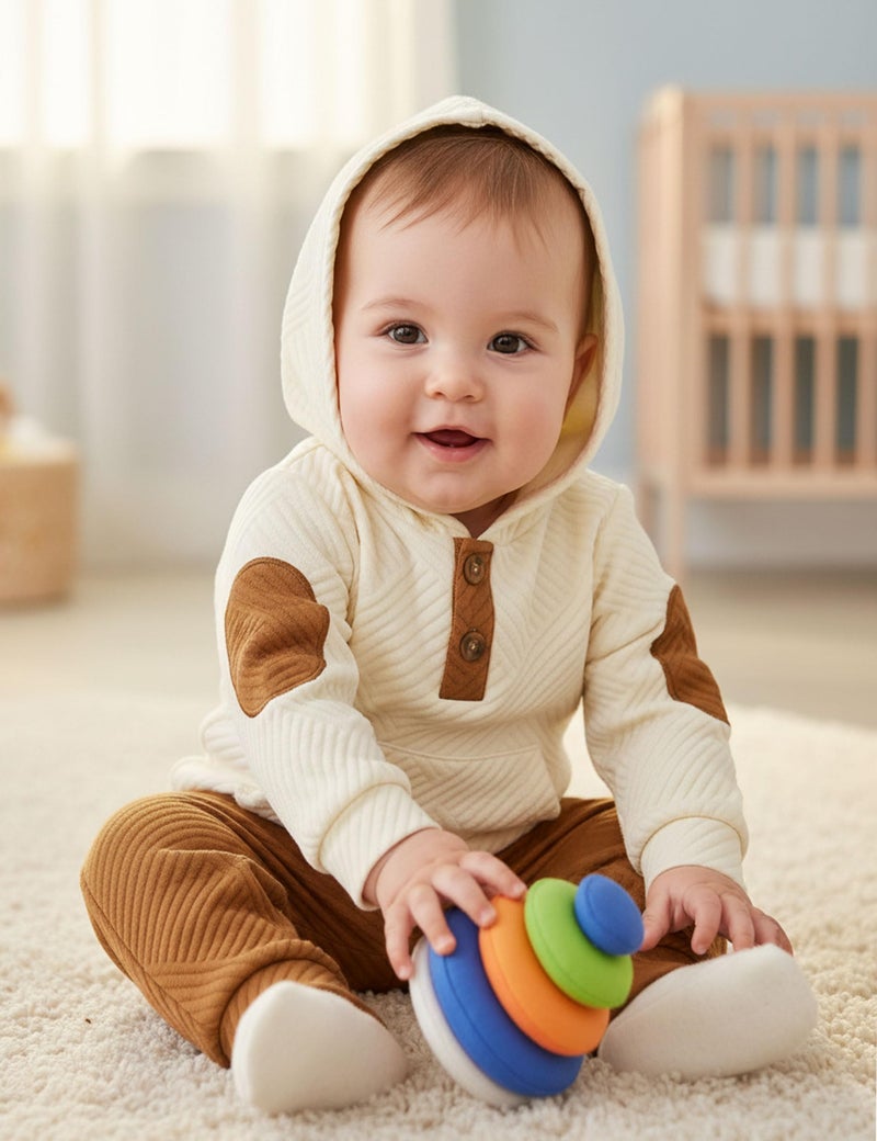 Fommy Baby Boy Clothes 0-3 Month Boy Outfits White Colorblocked Long Sleeve Hoodie + Brown Long Pants 2PCS Fall Winter Outfits Set - Image 2