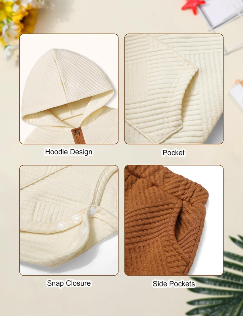 Fommy Baby Boy Clothes 0-3 Month Boy Outfits White Colorblocked Long Sleeve Hoodie + Brown Long Pants 2PCS Fall Winter Outfits Set - Image 5