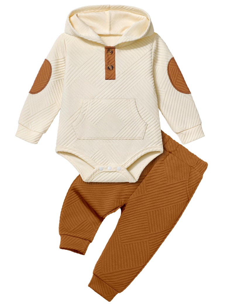 Fommy Baby Boy Clothes 0-3 Month Boy Outfits White Colorblocked Long Sleeve Hoodie + Brown Long Pants 2PCS Fall Winter Outfits Set - Image 1