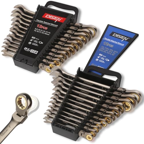 DISEN طقم مفاتيح ربط 24 قطعة من DISEN بزاوية 90 سن، مفاتيح ربط برأس مرن مقاس متري 8MM-19MM ومفاتيح SAE مقاس 1/4 إنش-3/4 إنش، مصنوعة من الفولاذ المقاوم للصدأ مع طلاء نيكل، مع رف تنظيم - Image 1