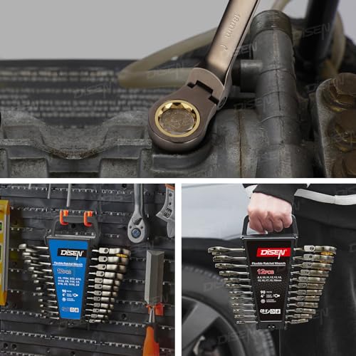 DISEN طقم مفاتيح ربط 24 قطعة من DISEN بزاوية 90 سن، مفاتيح ربط برأس مرن مقاس متري 8MM-19MM ومفاتيح SAE مقاس 1/4 إنش-3/4 إنش، مصنوعة من الفولاذ المقاوم للصدأ مع طلاء نيكل، مع رف تنظيم - Image 5
