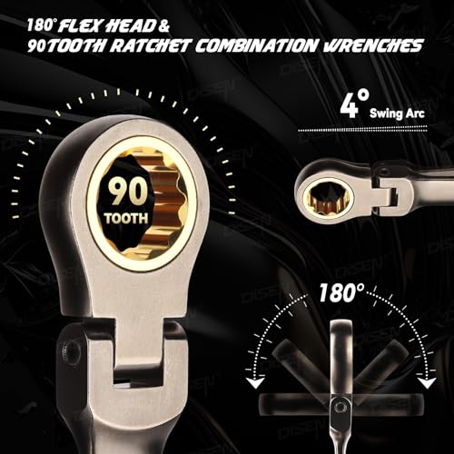 DISEN طقم مفاتيح ربط 24 قطعة من DISEN بزاوية 90 سن، مفاتيح ربط برأس مرن مقاس متري 8MM-19MM ومفاتيح SAE مقاس 1/4 إنش-3/4 إنش، مصنوعة من الفولاذ المقاوم للصدأ مع طلاء نيكل، مع رف تنظيم - Image 2