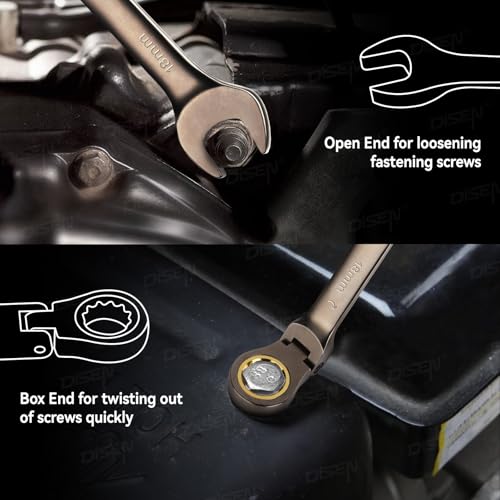 DISEN طقم مفاتيح ربط 24 قطعة من DISEN بزاوية 90 سن، مفاتيح ربط برأس مرن مقاس متري 8MM-19MM ومفاتيح SAE مقاس 1/4 إنش-3/4 إنش، مصنوعة من الفولاذ المقاوم للصدأ مع طلاء نيكل، مع رف تنظيم - Image 4