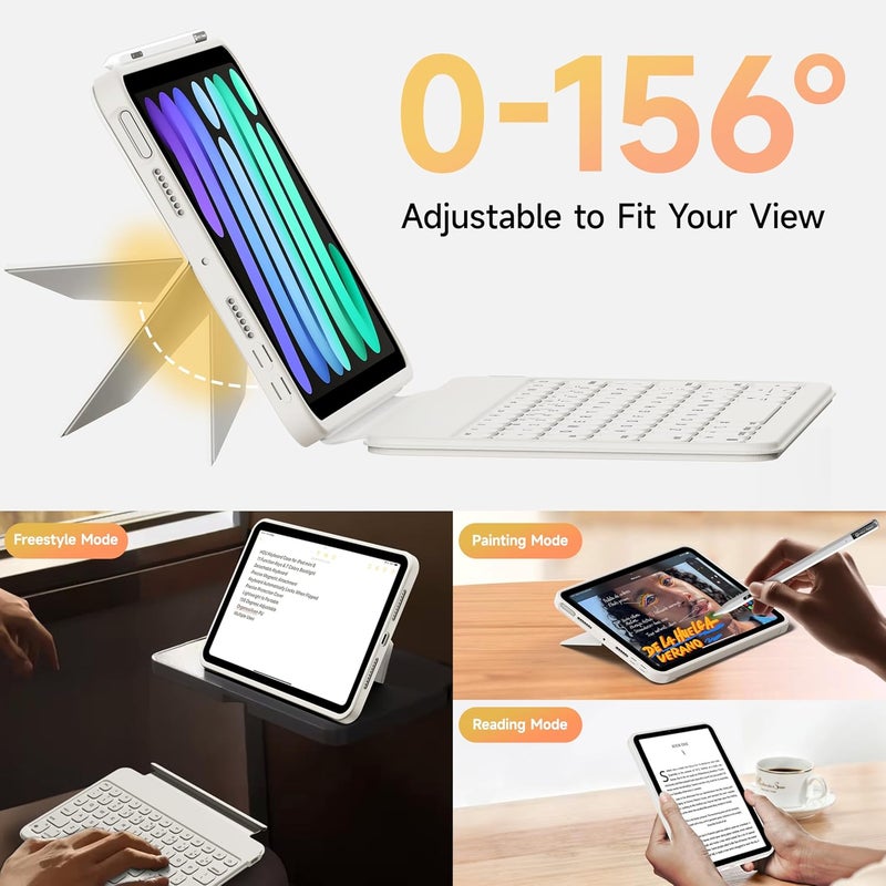 هوو حافظة لوحة مفاتيح HOU لأجهزة iPad Mini 7/6، حامل قابل للتعديل بزاوية 156 درجة، حافظة حماية كاملة قابلة للفصل لأجهزة iPad Mini 7/6، 11 مفتاح اختصار، إضاءة خلفية بـ7 ألوان، سيليكون PU، متعددة الوظائف، بلوتوث، تخطيط أمريكي - Image 3