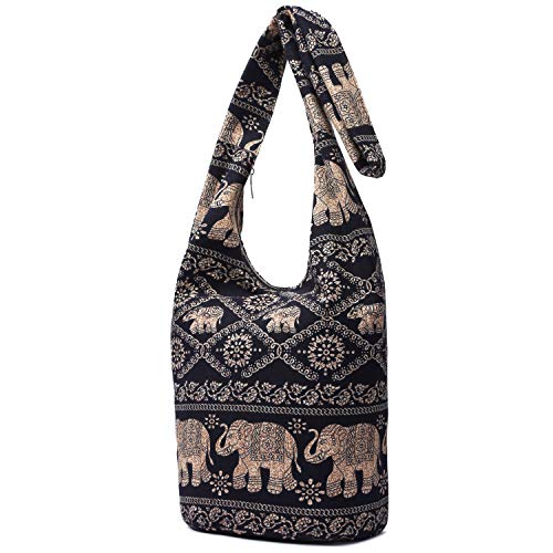 Coton Pose Women Shoulder Handbags Fashion canvas Hippie Crossbody Bags Bohemian Animal Prints Hobo Bags (Black elephant) - Image 2