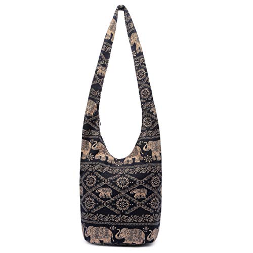 Coton Pose Women Shoulder Handbags Fashion canvas Hippie Crossbody Bags Bohemian Animal Prints Hobo Bags (Black elephant) - Image 1