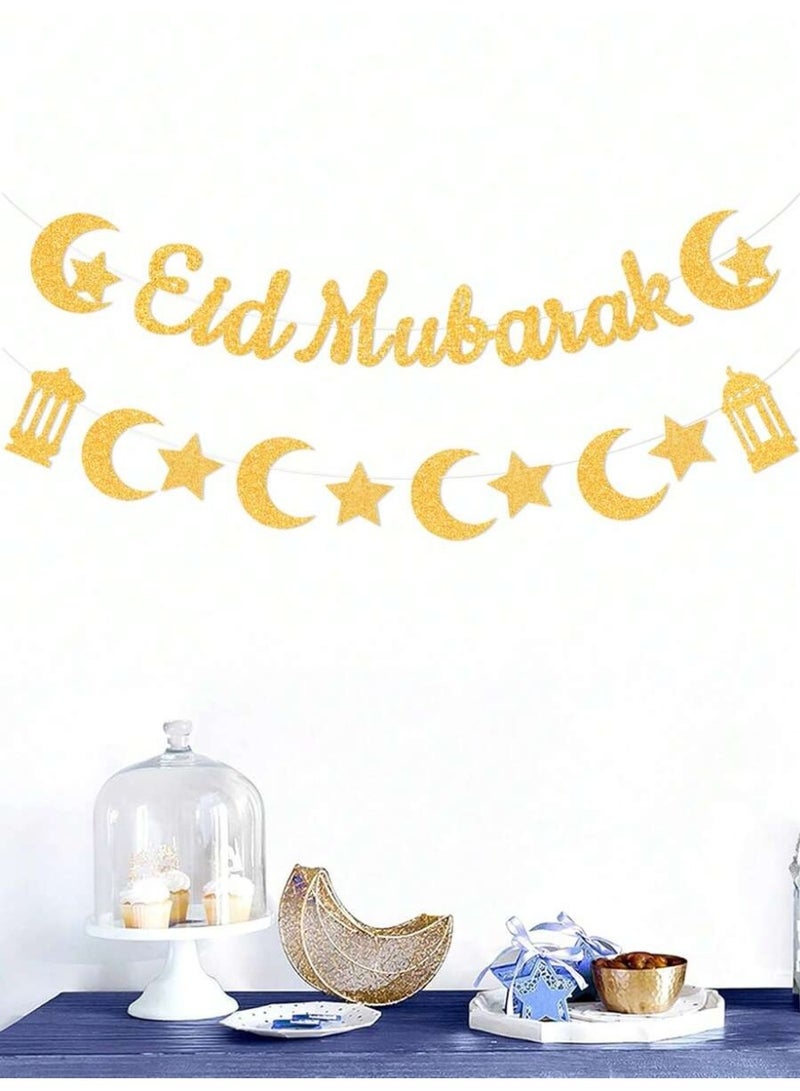Eid Decoration Paper Eid Mubarak Banner with Gold Crescent Stars and Lanterns Wall Party Decor - Image 4