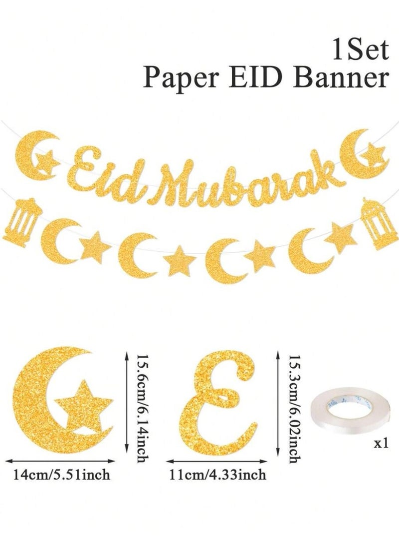 Eid Decoration Paper Eid Mubarak Banner with Gold Crescent Stars and Lanterns Wall Party Decor - Image 3