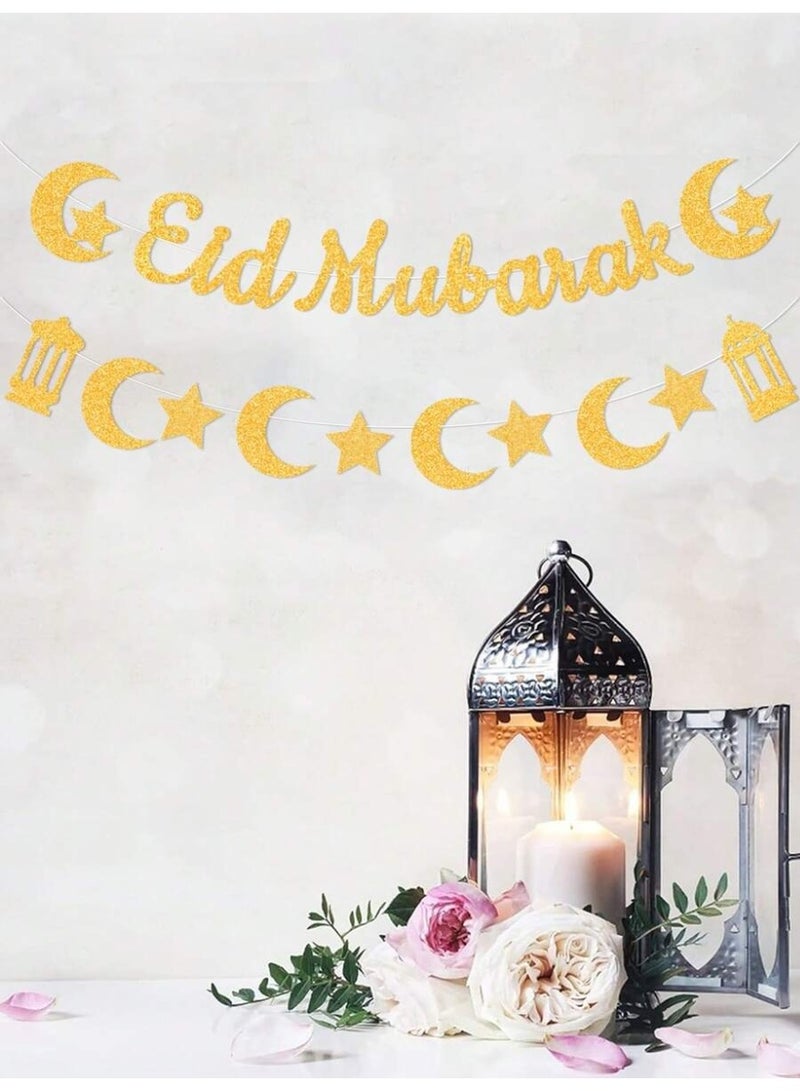 Eid Decoration Paper Eid Mubarak Banner with Gold Crescent Stars and Lanterns Wall Party Decor - Image 5