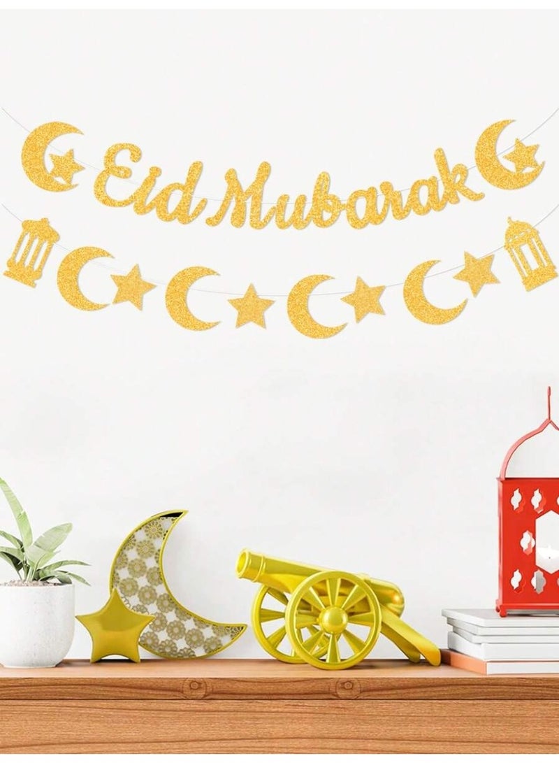 Eid Decoration Paper Eid Mubarak Banner with Gold Crescent Stars and Lanterns Wall Party Decor - Image 2