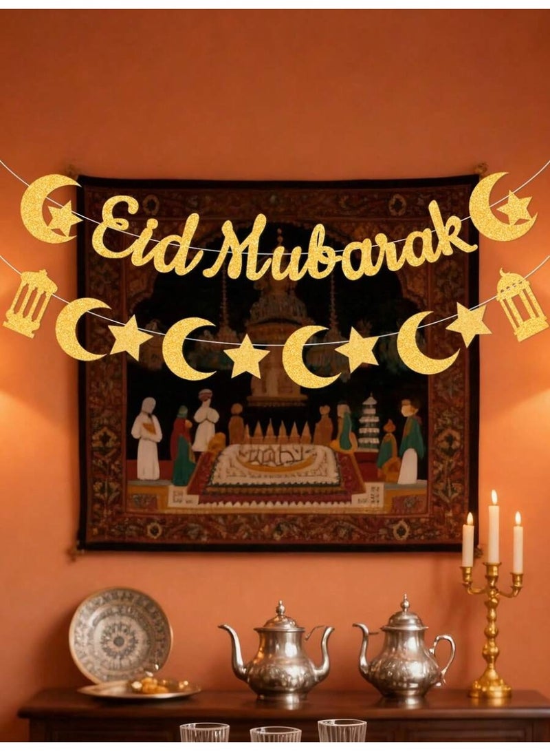 Eid Decoration Paper Eid Mubarak Banner with Gold Crescent Stars and Lanterns Wall Party Decor - Image 1