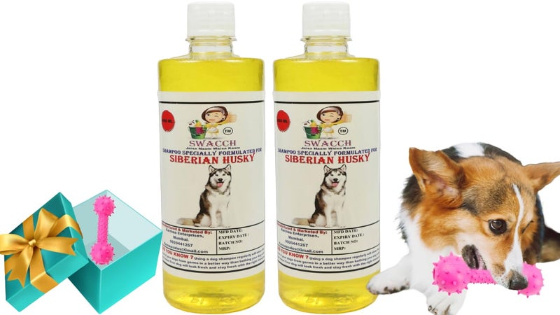 swacch Siberian Husky Dog Shampoo + Dumbbell Toy I Durable Rubber Dog Toy for Chewing I Playing,Teeth Cleaning & Training Toy I Combo Pack I 500ml Pack of 2 Lemon - Image 1