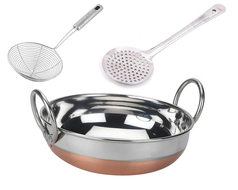 BLeaf Stainless Steel-Copper Bottom Kadhai/Frying Kadhai & Strainer (Combo) (Pack of 3) - Image 1