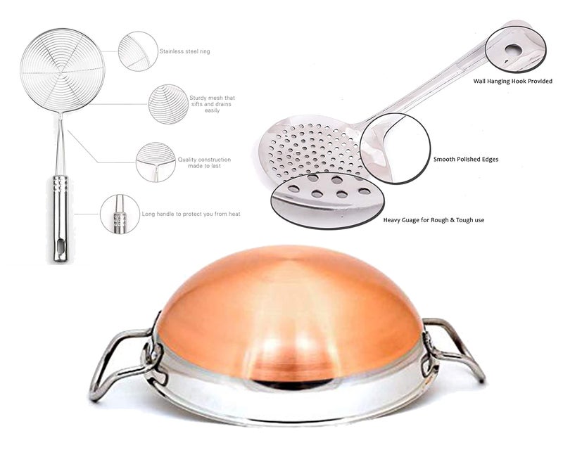 BLeaf Stainless Steel-Copper Bottom Kadhai/Frying Kadhai & Strainer (Combo) (Pack of 3) - Image 2