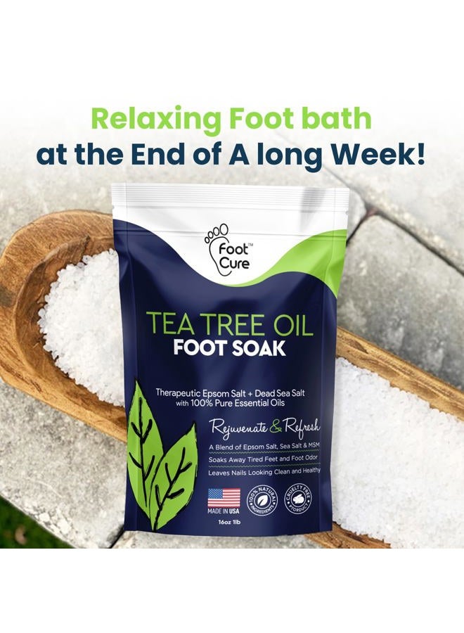 Foot Cure نقع القدم بزيت شجرة الشاي مع ملح إبسوم - لإصلاح أظافر القدم، قدم الرياضيين، تليين الكالو، تهدئة الأقدام المتعبة والمؤلمة، تغير لون الأظافر، رائحة عطرية، عناية باديكير سبا - صنع في الولايات المتحدة 16 أونصة - Image 5