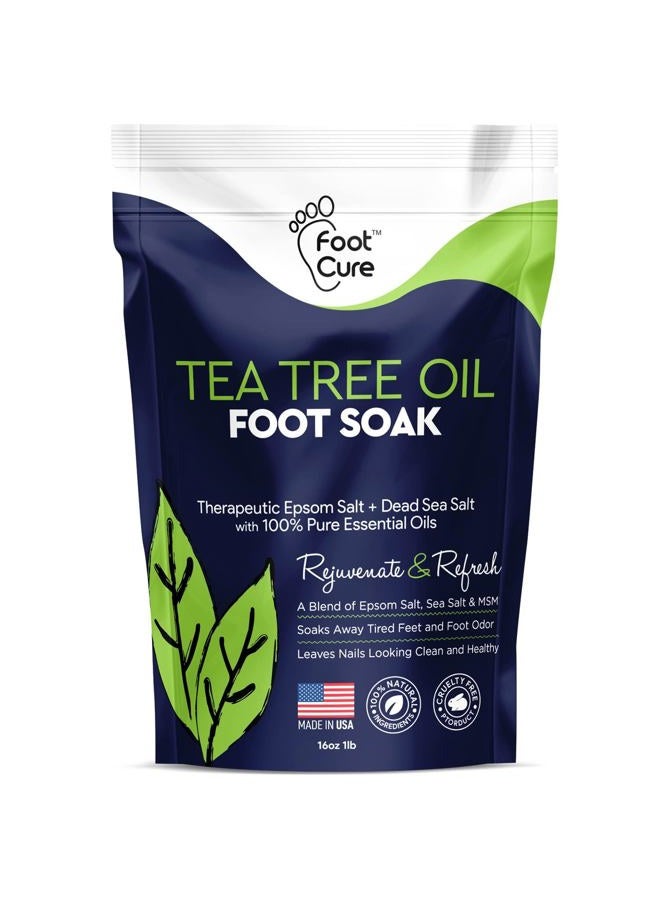 Foot Cure نقع القدم بزيت شجرة الشاي مع ملح إبسوم - لإصلاح أظافر القدم، قدم الرياضيين، تليين الكالو، تهدئة الأقدام المتعبة والمؤلمة، تغير لون الأظافر، رائحة عطرية، عناية باديكير سبا - صنع في الولايات المتحدة 16 أونصة - Image 1