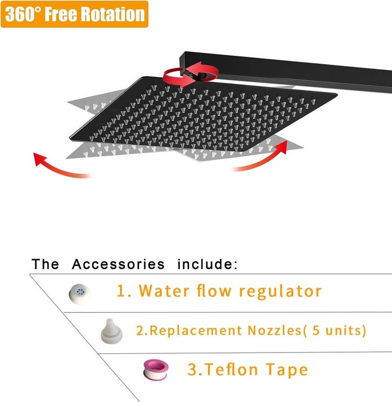 BESy 10 Inch Rain Shower Head, 10" Square Rainfall & High Pressure Stainless Steel Bath Showerhead, 1/16" Ultra Thin, Waterfall Full Body Coverage with Silicone Nozzle, Matte Black Finish - Image 2