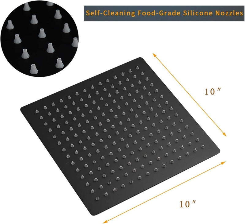 BESy 10 Inch Rain Shower Head, 10" Square Rainfall & High Pressure Stainless Steel Bath Showerhead, 1/16" Ultra Thin, Waterfall Full Body Coverage with Silicone Nozzle, Matte Black Finish - Image 4