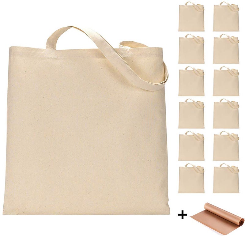 FunisFun 12 Pack Blank Canvas Tote Bags Bulk Reusable Shopping Grocery Bag for Crafts with a PTFE Teflon Sheet DIY