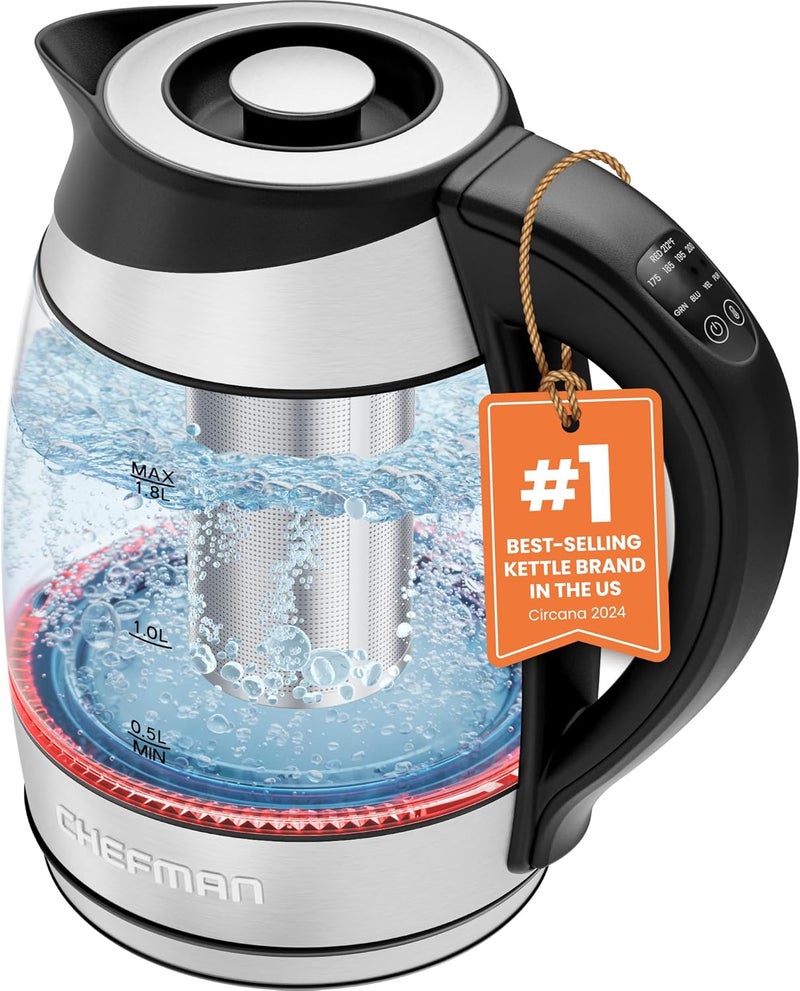 Chefman Electric Kettle with Temperature Control, 5 Presets LED Indicator Lights, Removable Tea Infuser, Glass Tea Kettle & Hot Water Boiler, 360° Swivel Base, BPA Free, Stainless Steel, 1.8 Liters - Image 1