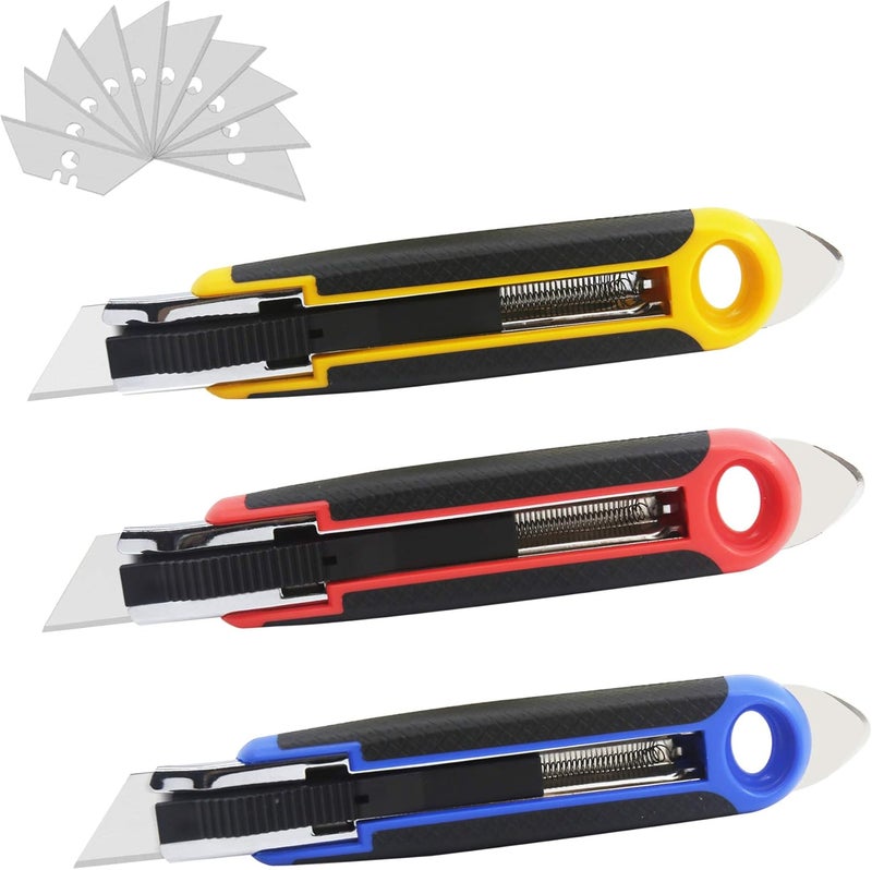 XW Self Retracting Safety Utility Knife, Auto Retractable Box Cutter of Assorted Colors, Extra 10 Blades Included, 3-Pack - Image 1