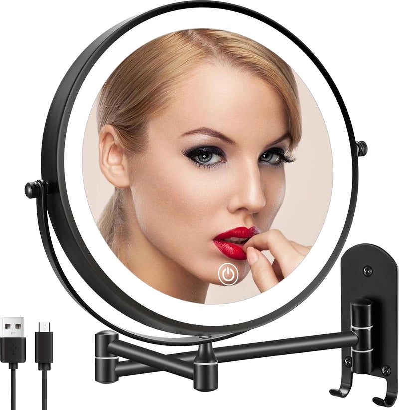 DECLUTTR 9" Wall Mounted Lighted Makeup Mirror, Rechargeable Double Sided 1X/10X Magnifying Mirror with 3 Color Lights, Dimmable 360°Swivel Vanity Mirror with Hook for Bathroom, Black
