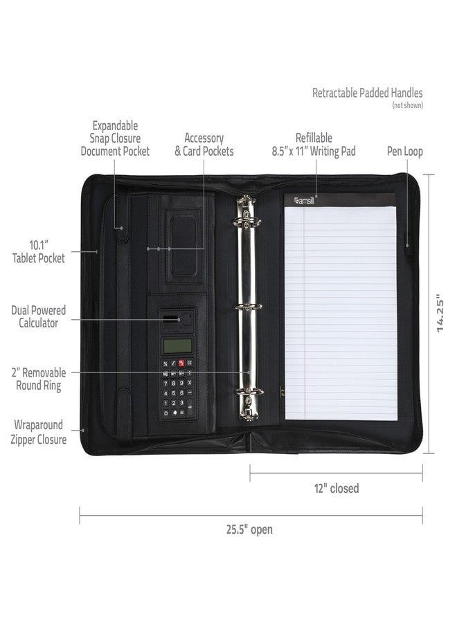 Samsill Professional Padfolio/Portfolio with Zippered Closure Case, 2 Inch Removable Round Ring Binder, Retractable Handles, Interior 10.1” Tablet Sleeve, Black - Image 4