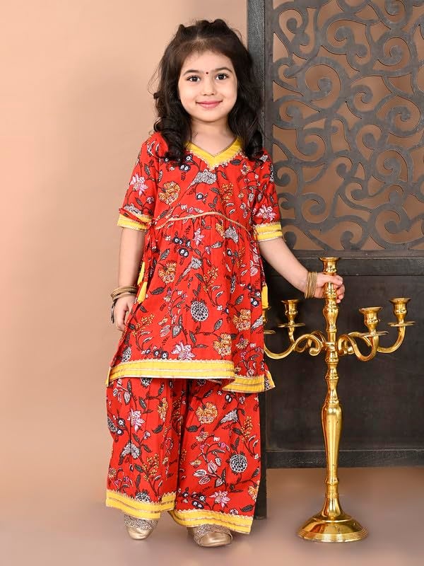 superminis Girls Cotton Floral Printed Gota Patti Work Half Sleeves Kurti and Sharara (6-12 Months, Red) - Image 3