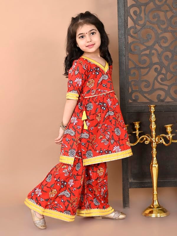 superminis Girls Cotton Floral Printed Gota Patti Work Half Sleeves Kurti and Sharara (6-12 Months, Red) - Image 4