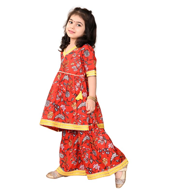 superminis Girls Cotton Floral Printed Gota Patti Work Half Sleeves Kurti and Sharara (6-12 Months, Red) - Image 1