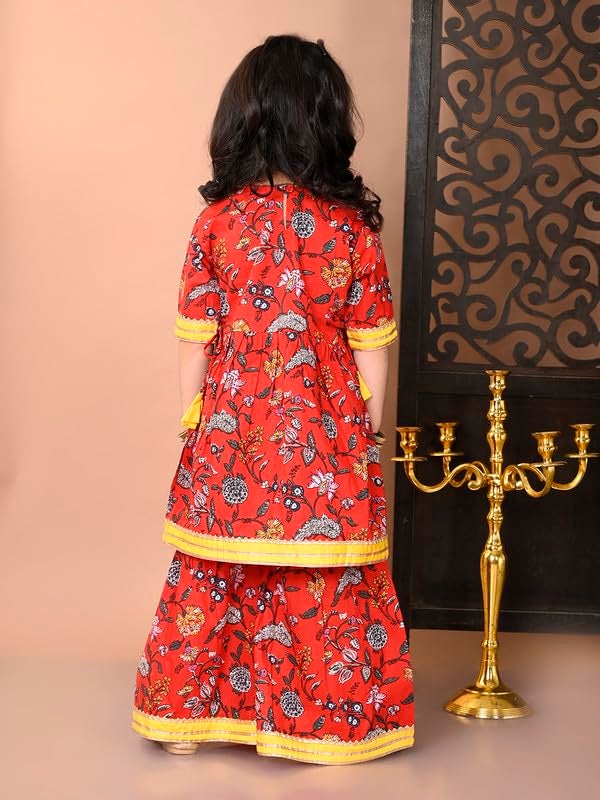 superminis Girls Cotton Floral Printed Gota Patti Work Half Sleeves Kurti and Sharara (6-12 Months, Red) - Image 2