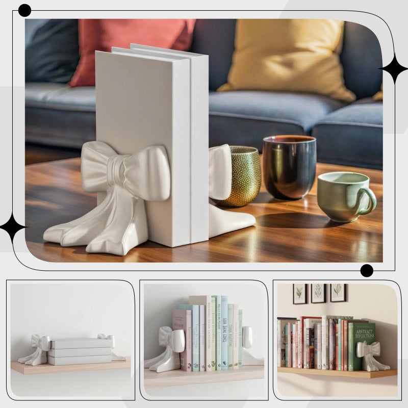 Leinuosen 2 Pcs White Bow Bookends Ceramic Cute Book Ends Decorative Book Stand Bow Sculpture Statues Tabletop Shelf Ornament Room Decor for Home Office School Dorm Girl Desk - Image 2