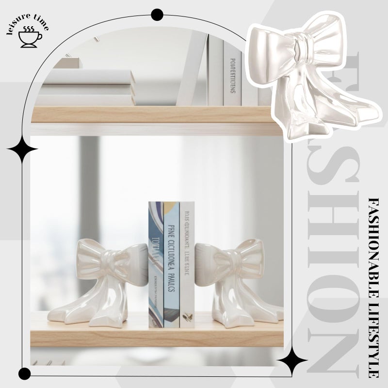 Leinuosen 2 Pcs White Bow Bookends Ceramic Cute Book Ends Decorative Book Stand Bow Sculpture Statues Tabletop Shelf Ornament Room Decor for Home Office School Dorm Girl Desk - Image 5