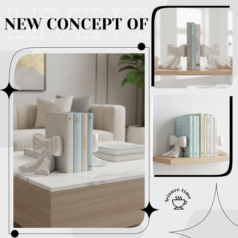 Leinuosen 2 Pcs White Bow Bookends Ceramic Cute Book Ends Decorative Book Stand Bow Sculpture Statues Tabletop Shelf Ornament Room Decor for Home Office School Dorm Girl Desk - Image 3